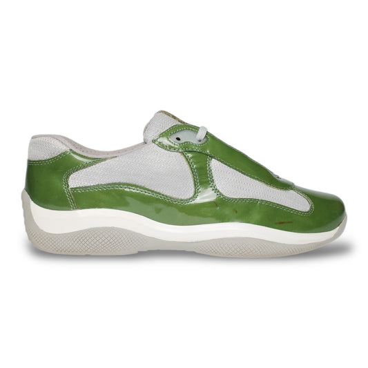 Prada America’s Cup green, green patent leather Prada sneakers, rare Prada sneakers, Prada US7.5 EU40.5, vintage Prada footwear, collectible designer shoes, archive Prada cups.